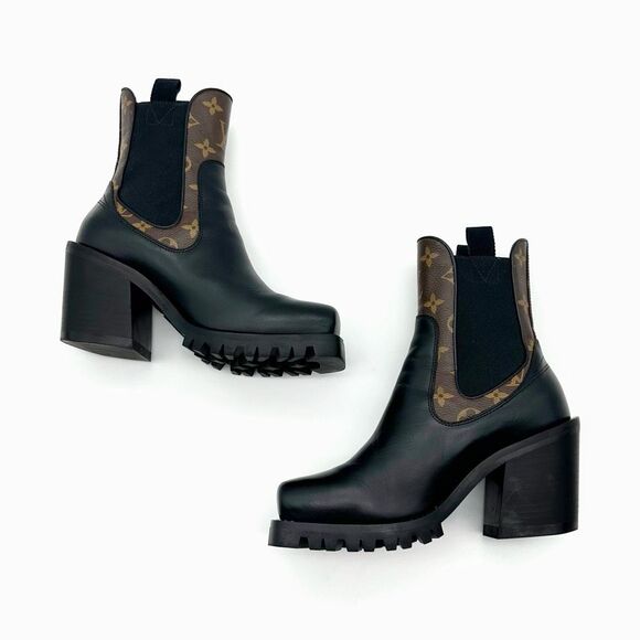LOUIS VUITTON Limitless Chelsea Boot Size 37 US 7 Black Calfskin Monogram Heel - Picture 3 of 12